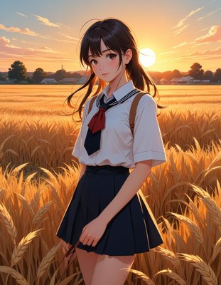 Young student in uniform standing in golden wheat field