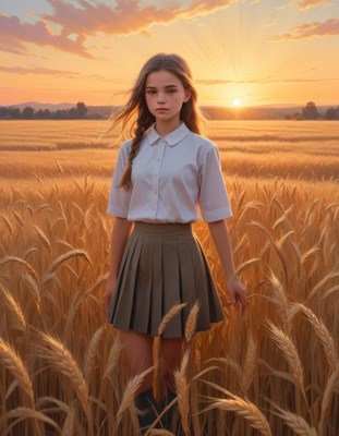 Girl in skirt standing in wheat field at sunset