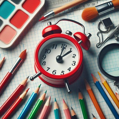 Creative workspace with clock and art supplies