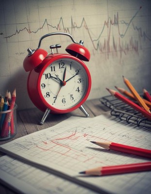 Red alarm clock on desk with charts and pencils