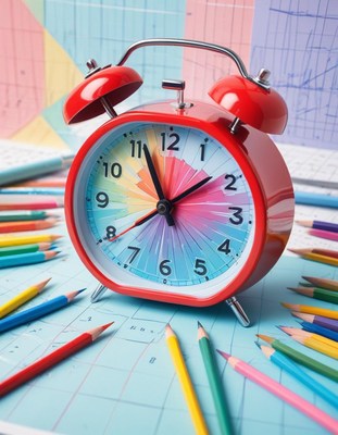 Colorful clock surrounded by colorful pencils on desk