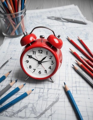 Red alarm clock surrounded by pencils and sketches
