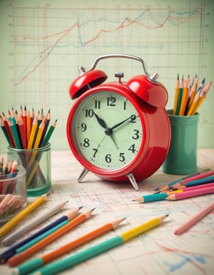 Red alarm clock surrounded by colorful pencils