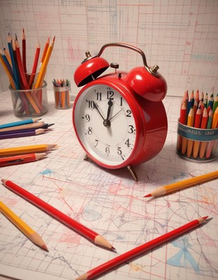 Red alarm clock among colored pencils on drawing paper