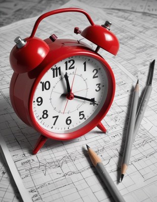 Red alarm clock on schematics with pencils