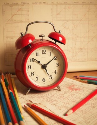 Red alarm clock on table with colored pencils and charts