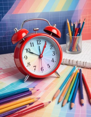 Colorful alarm clock surrounded by art supplies