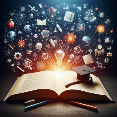Open book with graduation cap surrounded by science icons