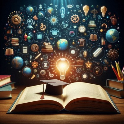 Graduation cap on open book with creative elements