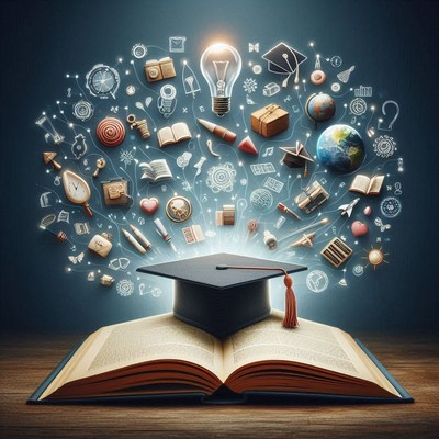 Graduation cap over open book with creative icons