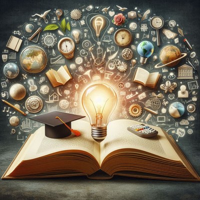 Open book with light bulb and educational icons