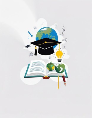 Graduation cap over open book with globe and lightbulb