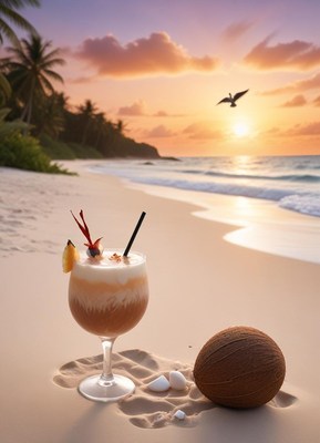 Tropical beach sunset with cocktail and coconut