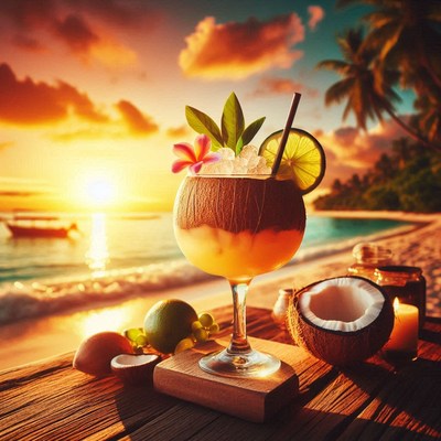 Tropical cocktail at sunset on a beach