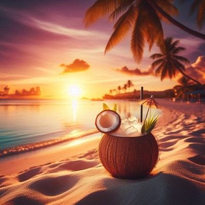Tropical sunset with coconut drink on sandy beach