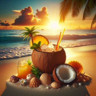 Tropical drink setup on beach at sunset