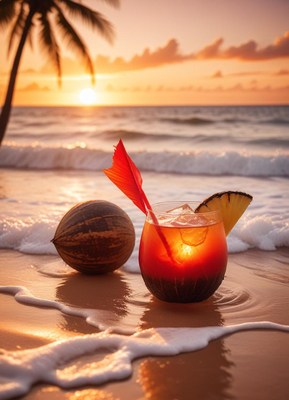 Tropical cocktail at sunset on seaside beach