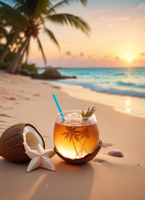 Tropical drink with coconut on sunset beach