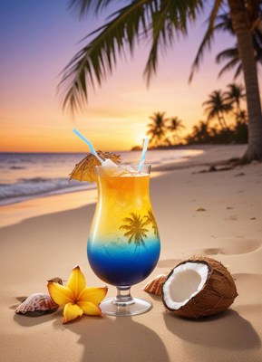 Tropical cocktail on beach at sunset