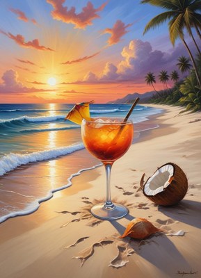 Tropical sunset cocktail on beach shoreline