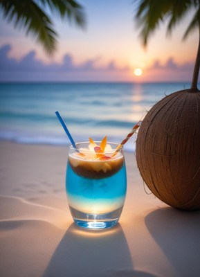 Tropical cocktail by the beach at sunset