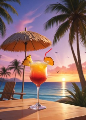 Tropical cocktail at sunset by the beach