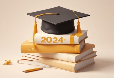 Graduation cap on books for class of 2024 celebration