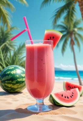 Refreshing watermelon smoothie on tropical beach