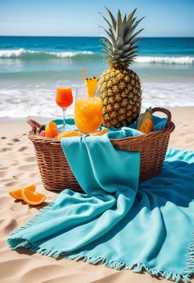 Tropical beach picnic with fruit and refreshing drinks