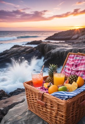Sunset picnic by the ocean with fresh fruits and drinks
