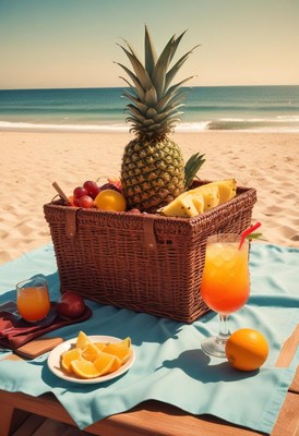 Beach picnic with fruits and refreshing drinks