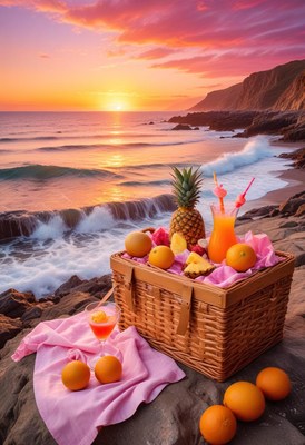 Sunset beach picnic with tropical fruits and drinks