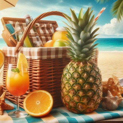 Tropical picnic with fruit and refreshing beverages