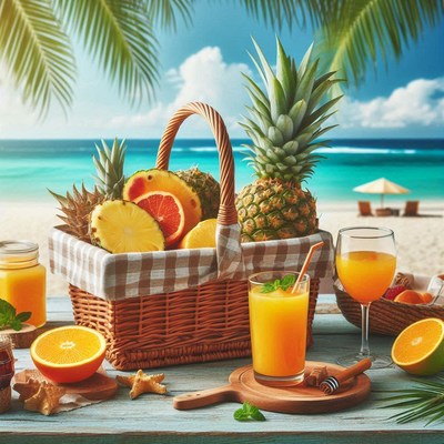 Tropical picnic basket with fresh fruits by the beach