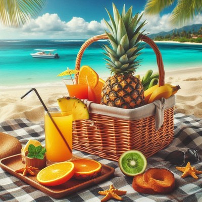 Tropical beach picnic with fresh fruits and drinks
