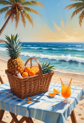 Tropical beach picnic with fruits and refreshing drink