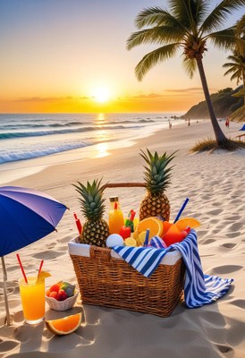 Tropical beach picnic at sunset with refreshing drinks