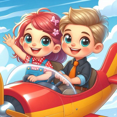 Kids flying a red airplane on a sunny day