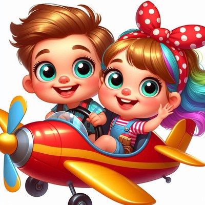Children enjoying a colorful toy airplane ride