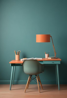 Modern study desk with colorful accessories in home office