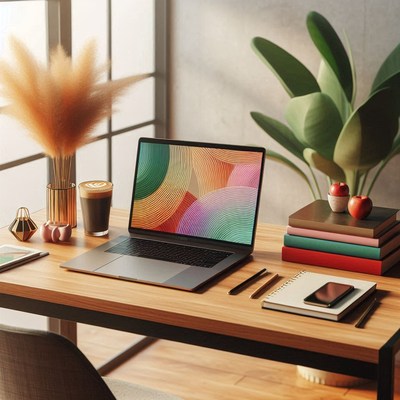 Stylish workspace setup with laptop and decorative plants