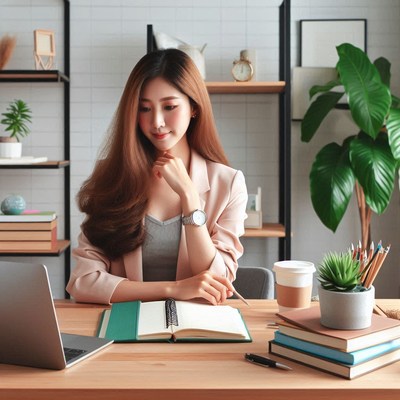 Professional woman working at modern desk in office