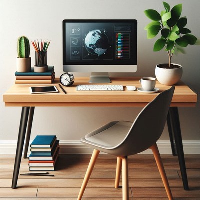 Modern home office setup with plants and technology