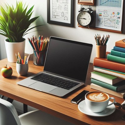 Cozy workspace with laptop and books in morning light