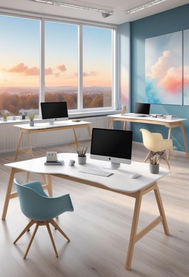 Modern workspace overlooking sunset in bright office