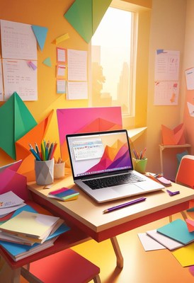Bright creative workspace with laptop and art supplies