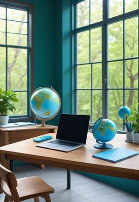 Modern study room with globes and greenery
