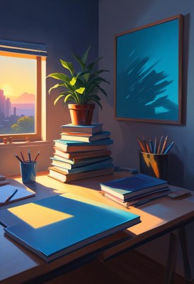 Cozy workspace with stacked books at sunset