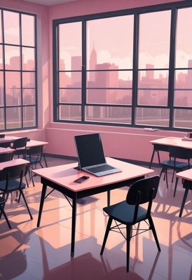 Classroom with laptop and city view during sunset