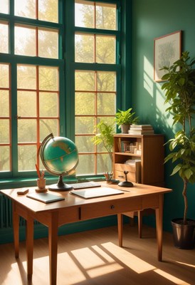 Cozy workspace with globe and plants in sunlit room